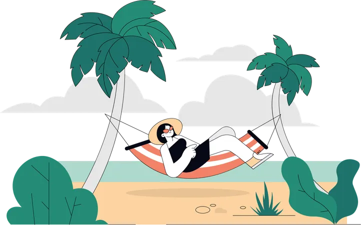 Mädchen in der Hängematte entspannen am Strand  Illustration