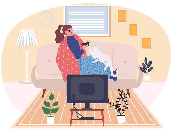 Mädchen in Selbstisolation streichelt Katze, die auf Couch sitzt  Illustration