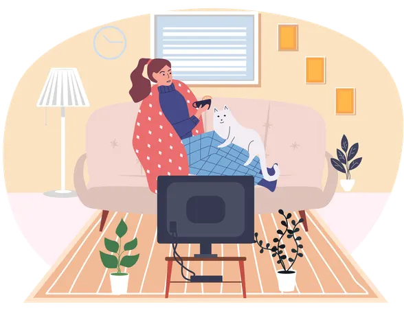 Mädchen in Selbstisolation streichelt Katze, die auf Couch sitzt  Illustration