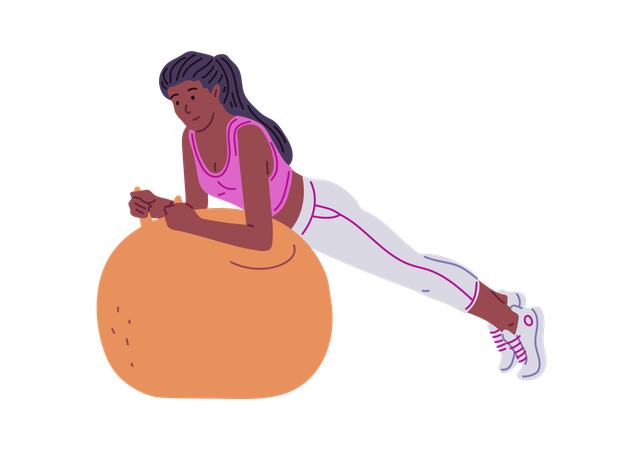 Mädchen in Sportuniform macht Liegestütze auf Gymnastikball  Illustration