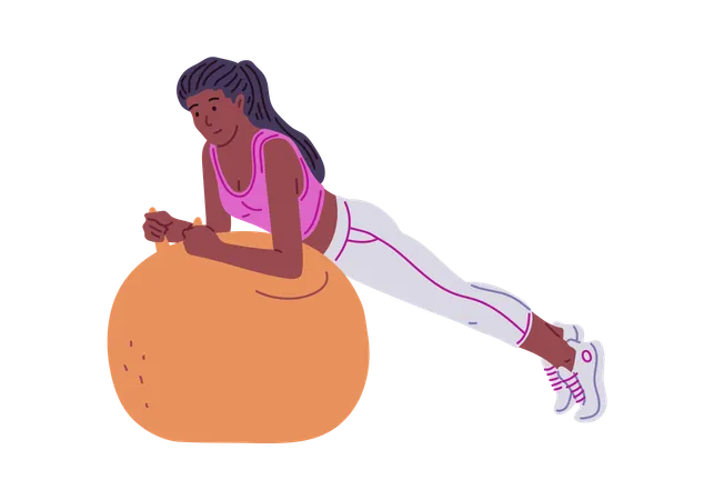 Mädchen in Sportuniform macht Liegestütze auf Gymnastikball  Illustration