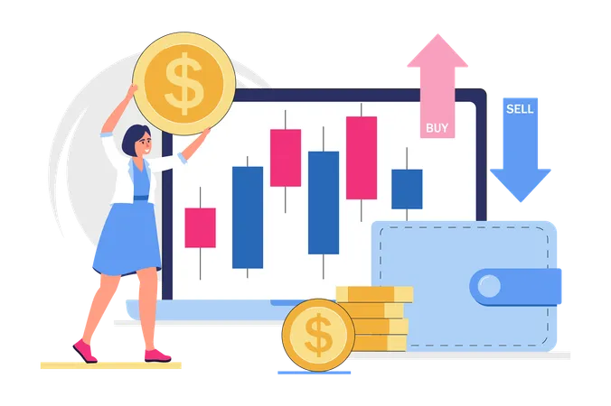 Mädchen investiert Geld in die Börse  Illustration