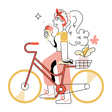 Mädchen isst Eis beim Fahrradfahren  Illustration