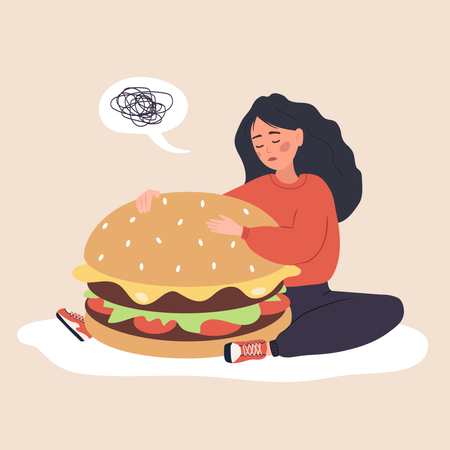 Mädchen ist traurig wegen Heißhunger auf Fast Food  Illustration