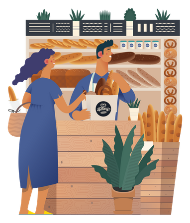 Mädchen kauft Brot in der Bäckerei  Illustration