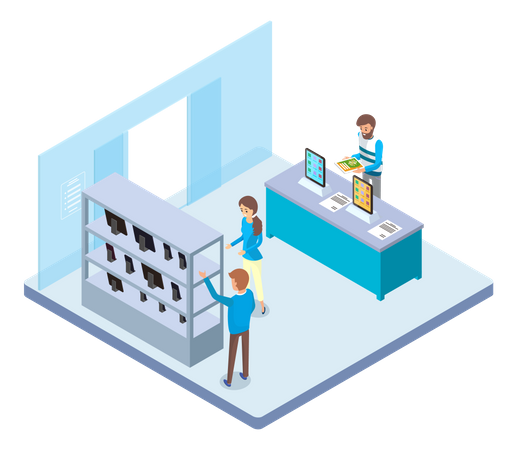 Mädchen kauft Gadgets im Elektronikladen  Illustration