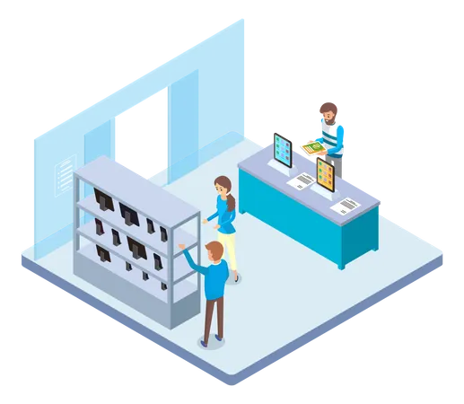 Mädchen kauft Gadgets im Elektronikladen  Illustration