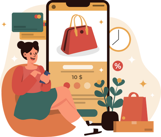 Mädchen kauft Handtasche über E-Commerce-App  Illustration