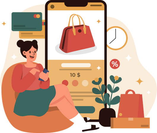 Mädchen kauft Handtasche über E-Commerce-App  Illustration