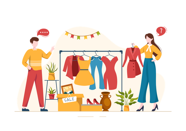 Mädchen kauft Kleidung auf Flohmarkt  Illustration