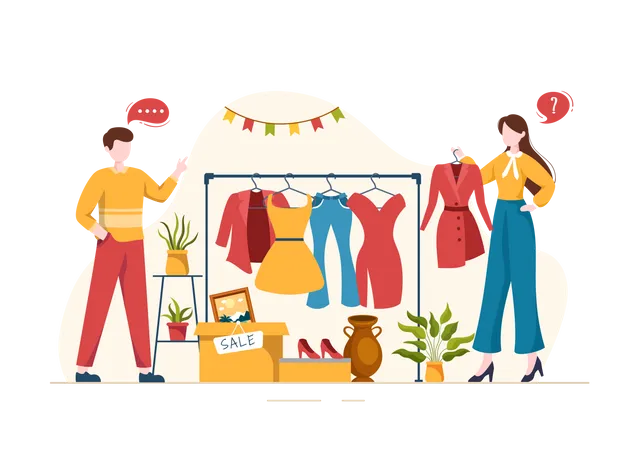 Mädchen kauft Kleidung auf Flohmarkt  Illustration