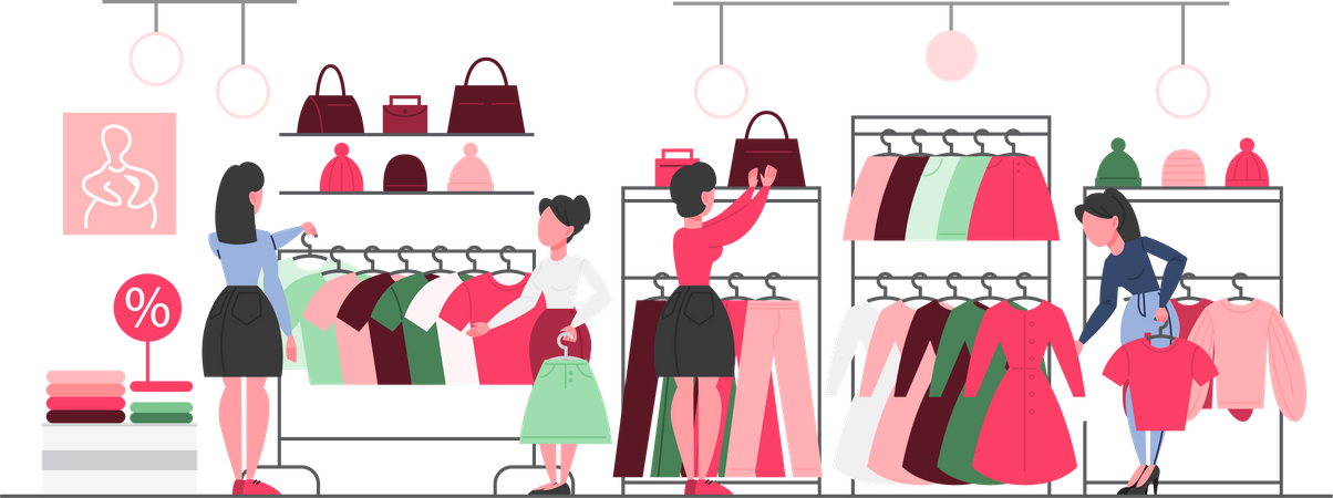 Mädchen kauft Kleidung im Geschäft  Illustration