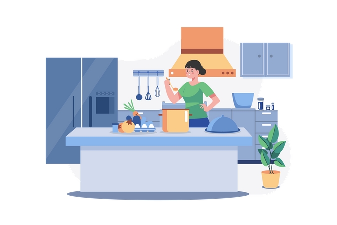 Mädchen kocht Essen am Küchentisch  Illustration