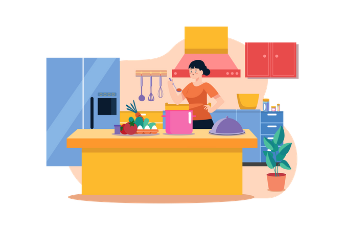 Mädchen kocht Essen am Küchentisch  Illustration