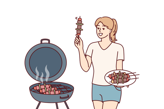 Mädchen kocht leckeren BBQ-Eintopf im BBQ-Grill  Illustration