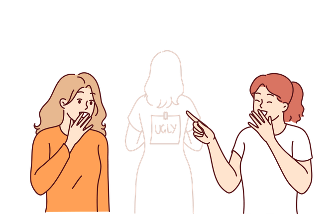 Mädchen lachen über Klassenkameraden mit „hässlich“ auf dem Rücken wegen des Konzepts von Mobbing und Beschämung in Schulen  Illustration