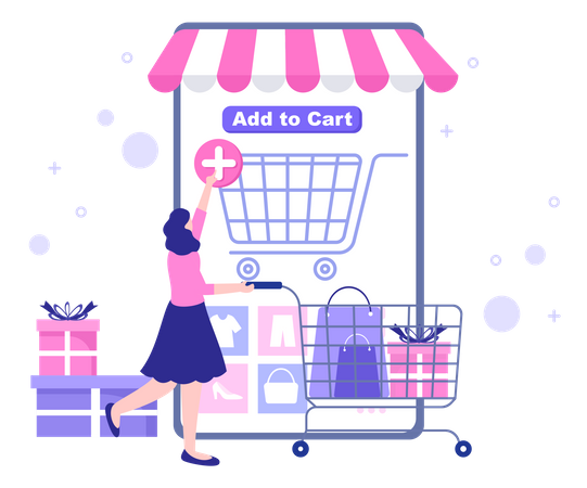 Mädchen legt Online-Shopping-Produkt in den Warenkorb  Illustration