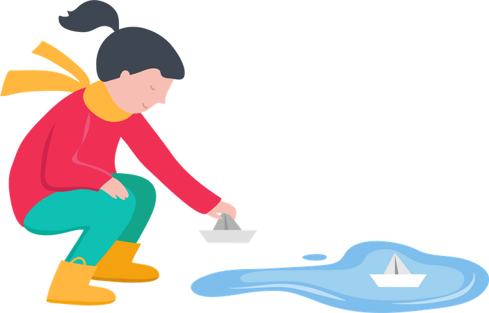 Mädchen legt Papierboot ins Wasser  Illustration