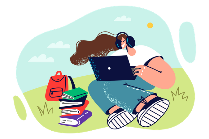 Mädchen lernen online  Illustration