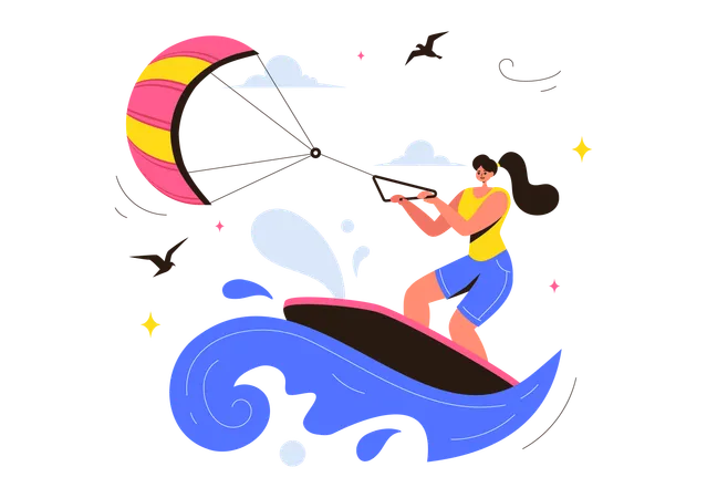 Mädchen lernt Kitesurfen  Illustration