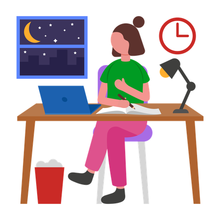 Mädchen lernt spät in die Nacht  Illustration
