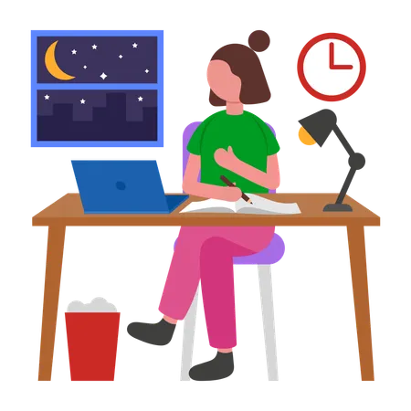 Mädchen lernt spät in die Nacht  Illustration