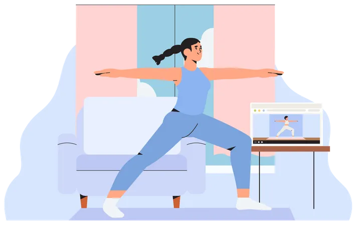 Mädchen lernt Yoga und sieht sich zu Hause ein Video auf dem Laptop an  Illustration