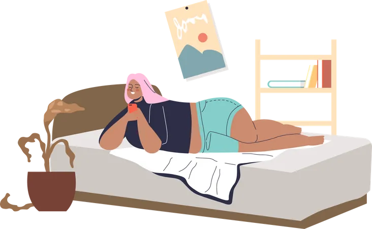 Mädchen liegt im Bett und telefoniert  Illustration