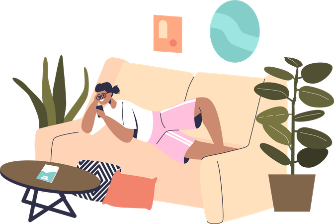 Mädchen liegt zu Hause auf dem Sofa und entspannt sich mit Smartphone  Illustration