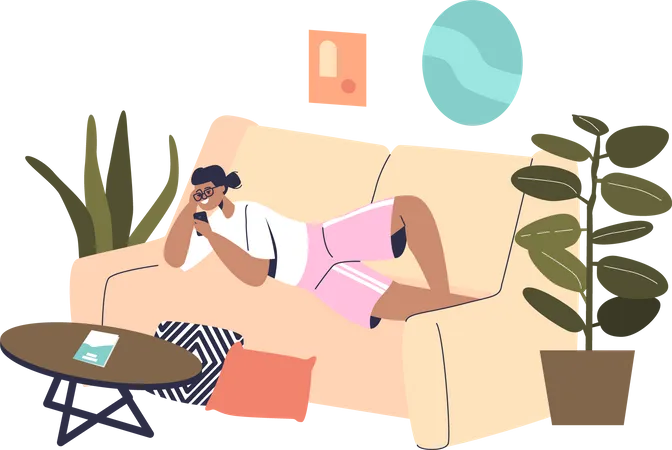 Mädchen liegt zu Hause auf dem Sofa und entspannt sich mit Smartphone  Illustration