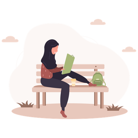 Mädchen liest Buch auf Bank  Illustration