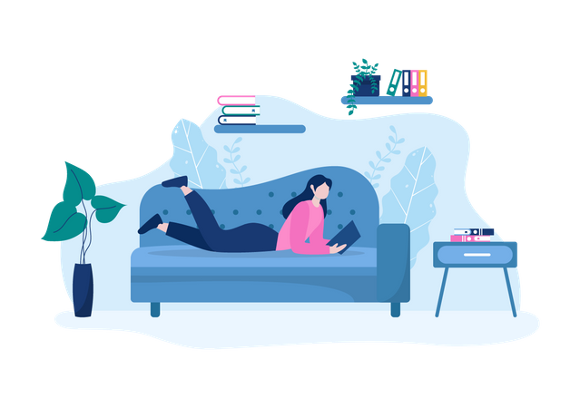 Mädchen liest Buch beim Entspannen auf dem Sofa  Illustration