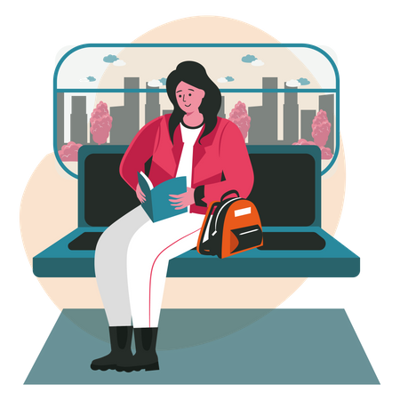 Mädchen liest Buch während der Zugfahrt  Illustration
