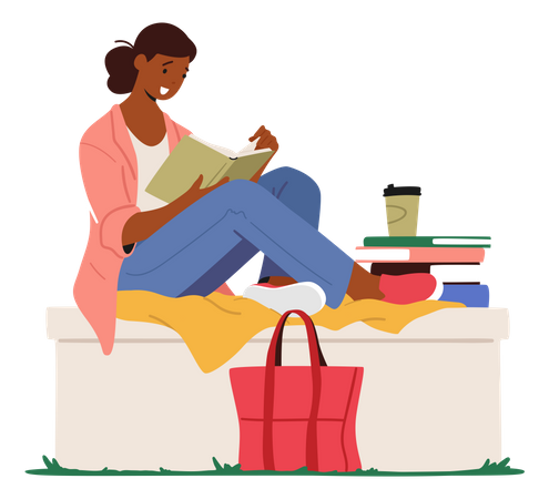 Mädchen liest Buch, während sie auf einer Parkbank sitzt  Illustration
