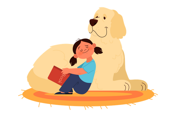 Mädchen liest Buch, während sie mit Hund sitzt  Illustration