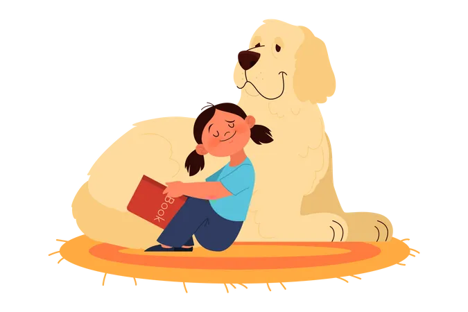 Mädchen liest Buch, während sie mit Hund sitzt  Illustration