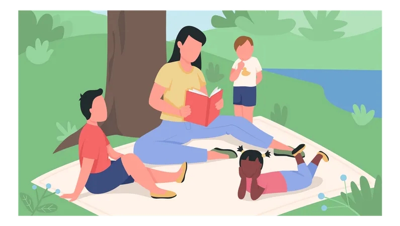 Mädchen liest Kindern im Park ein Buch vor, flache Farbvektorillustration  Illustration