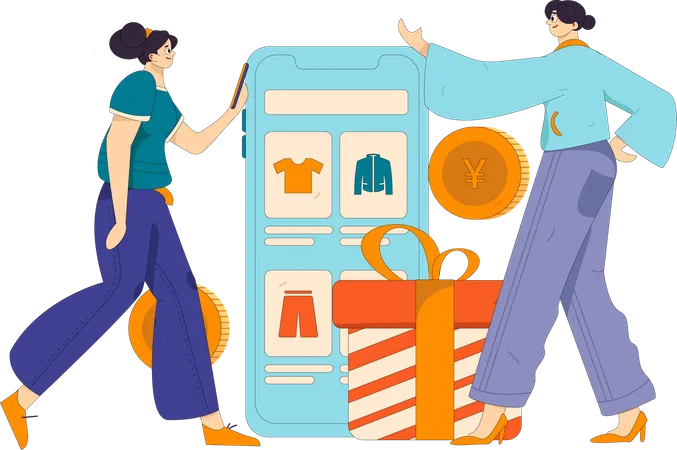 Mädchen beim Einkaufen mit Shopping-App  Illustration