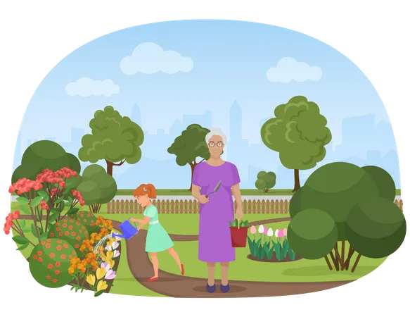 Mädchen macht Gartenarbeit mit Oma  Illustration