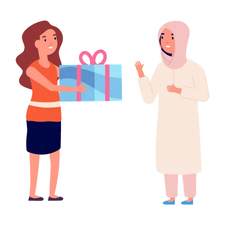 Mädchen gibt muslimischem Freund ein Geschenk  Illustration