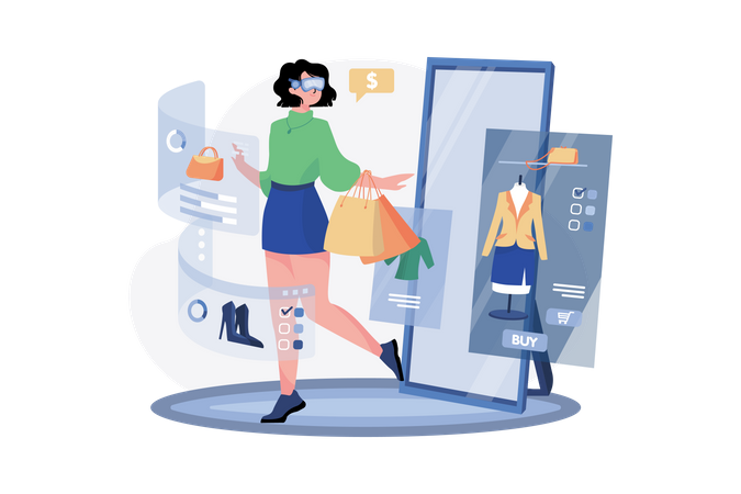 Mädchen beim Online-Shopping mithilfe der Metaverse-Technologie  Illustration