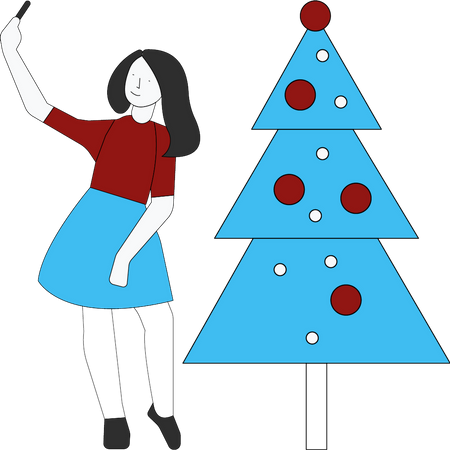 Mädchen macht Selfie mit Weihnachtsbaum  Illustration