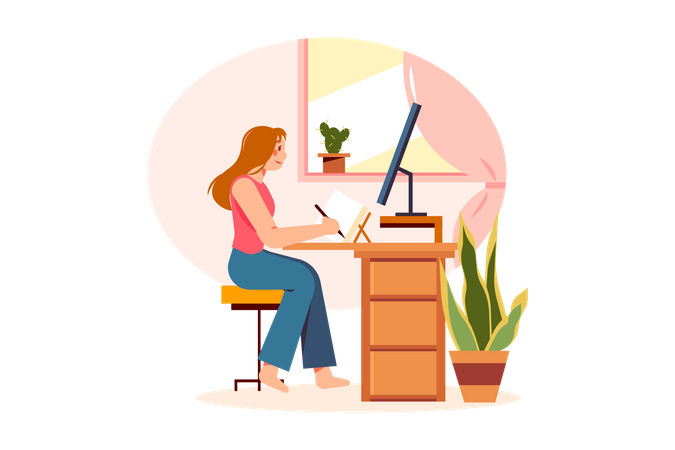Mädchen macht sich im Online-Unterricht Notizen  Illustration