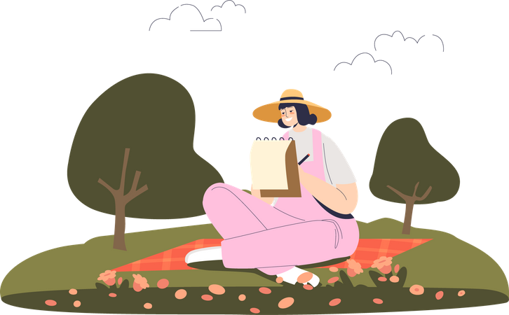Mädchen malt, während sie auf dem Rasen im Park sitzt  Illustration