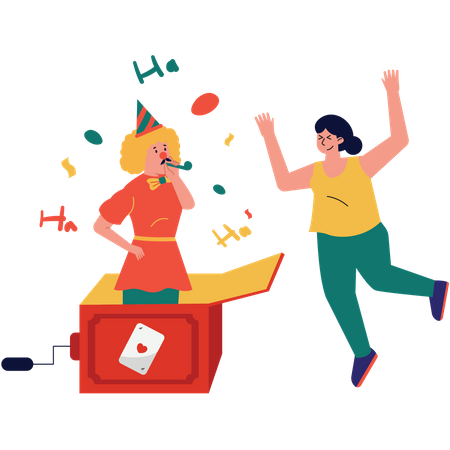 Mädchen mit Aprilscherz-Box überrascht  Illustration