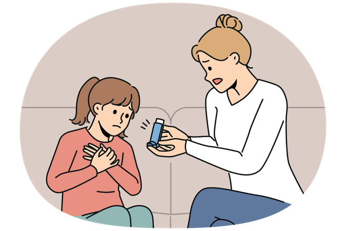 Asthmatisches Mädchen sitzt während eines allergischen Anfalls mit Inhalator neben der Mutter  Illustration