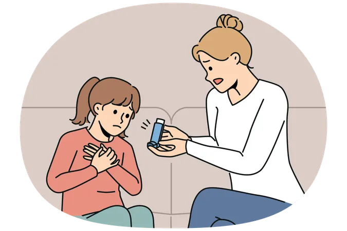 Asthmatisches Mädchen sitzt während eines allergischen Anfalls mit Inhalator neben der Mutter  Illustration