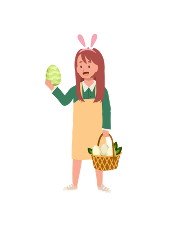 Mädchen mit Hasenohren hält ein Osterei und einen Korb in der anderen Hand  Illustration