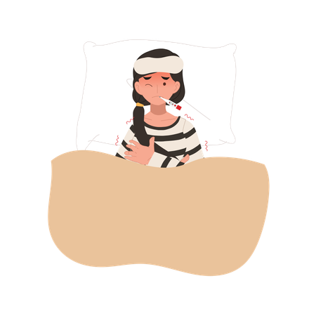 Mädchen mit hohem Fieber zittert im Bett Fieberbehandlung  Illustration