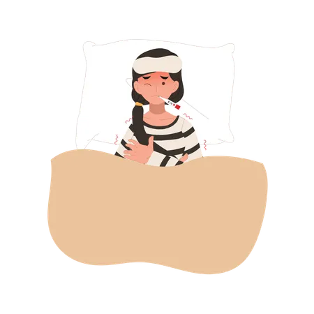 Mädchen mit hohem Fieber zittert im Bett Fieberbehandlung  Illustration